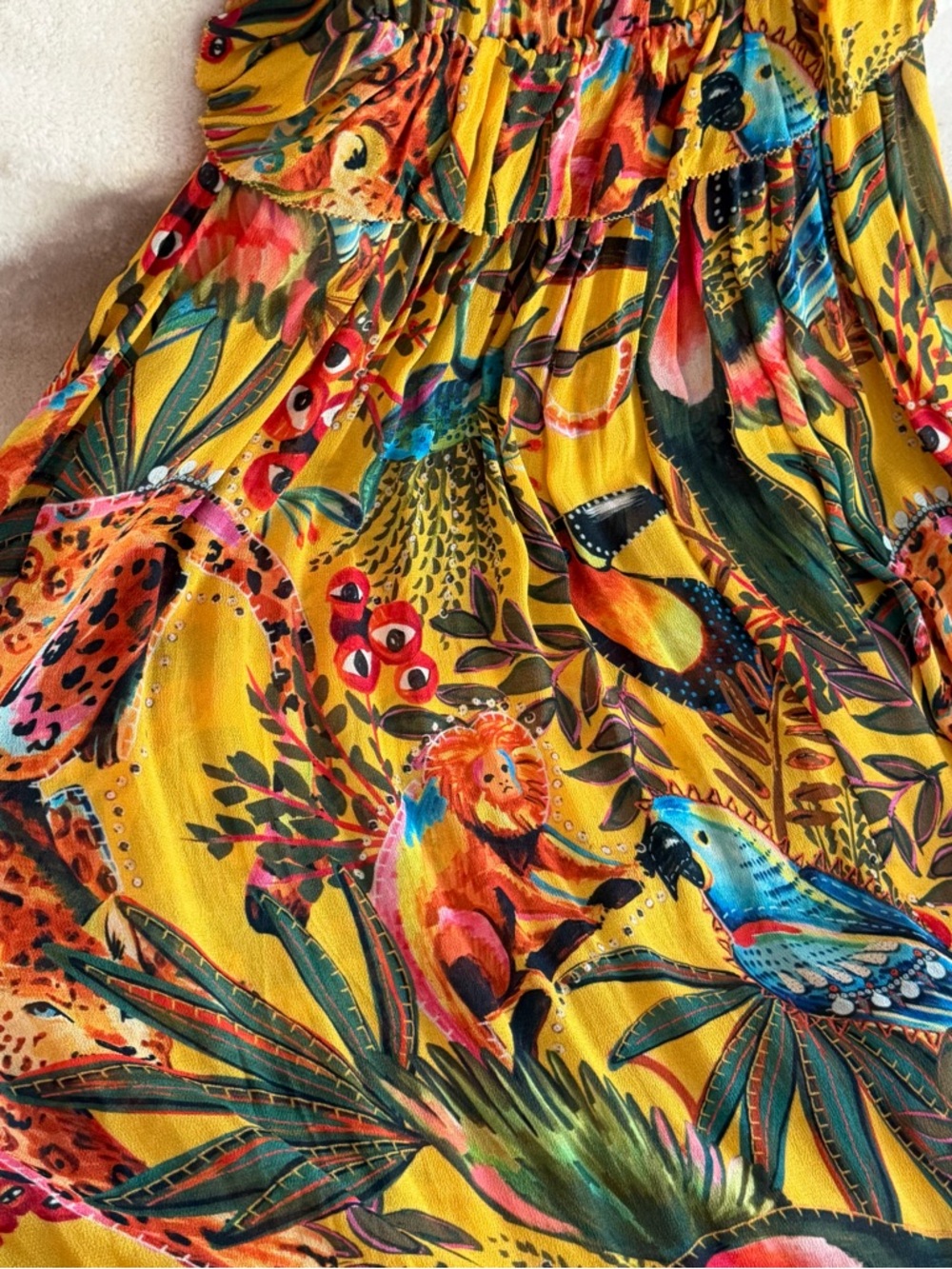 Yellow Tropical Maxi Dress with Multicolor Bird Print - Picture 6 of 9
